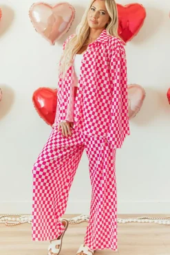 Sale Dear-Lover Checkered Buttoned Shirt and High Waist Pants Pajama Set Pink