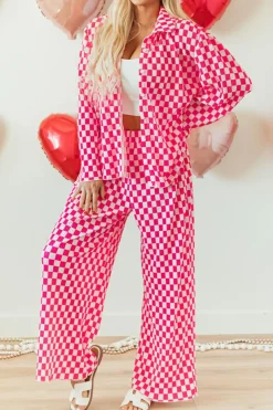 Sale Dear-Lover Checkered Buttoned Shirt and High Waist Pants Pajama Set Pink