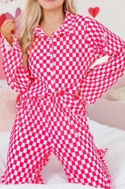 Sale Dear-Lover Checkered Buttoned Shirt and High Waist Pants Pajama Set Pink