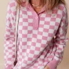Fashion Dear-Lover Checkered Buttons Collar V Neck Drop Shoulder Sweater Pink