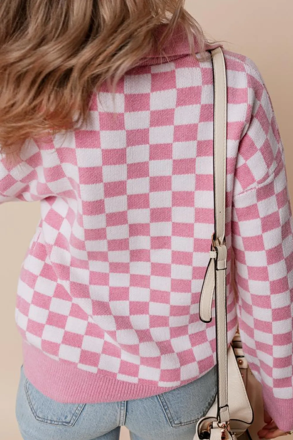 Fashion Dear-Lover Checkered Buttons Collar V Neck Drop Shoulder Sweater Pink