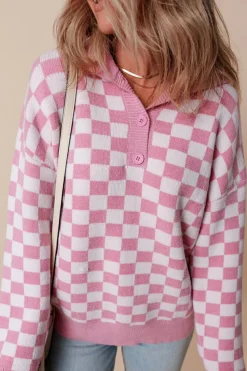 Fashion Dear-Lover Checkered Buttons Collar V Neck Drop Shoulder Sweater Pink