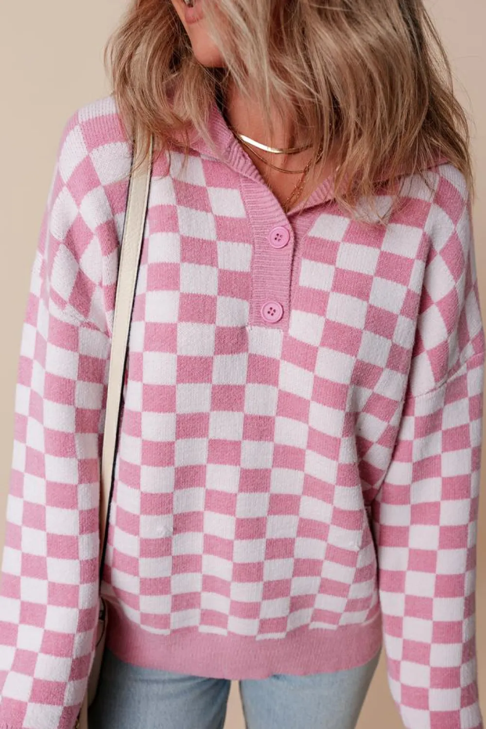 Fashion Dear-Lover Checkered Buttons Collar V Neck Drop Shoulder Sweater Pink