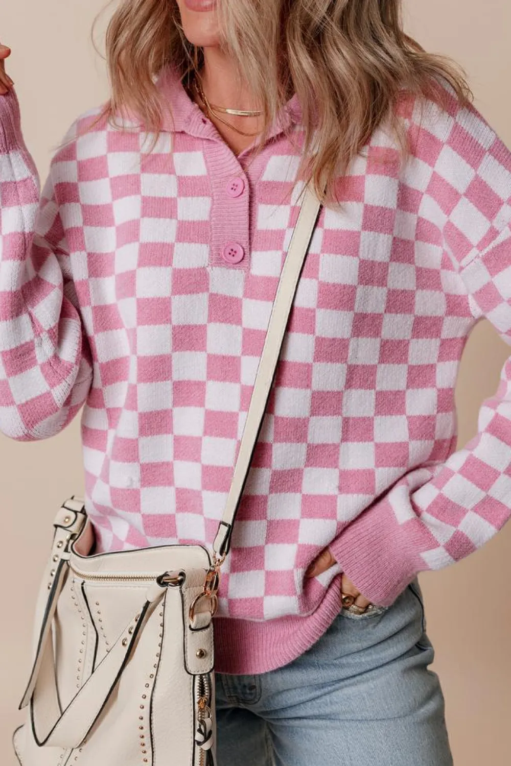 Fashion Dear-Lover Checkered Buttons Collar V Neck Drop Shoulder Sweater Pink