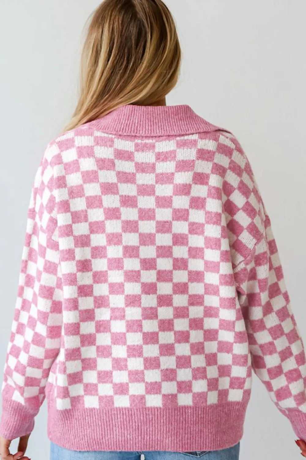 Fashion Dear-Lover Checkered Buttons Collar V Neck Drop Shoulder Sweater Pink
