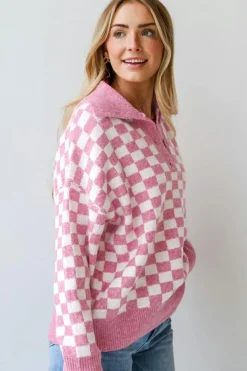 Fashion Dear-Lover Checkered Buttons Collar V Neck Drop Shoulder Sweater Pink