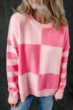 Clearance Dear-Lover Checkered Colorblock Striped High Low Loose Sweater Pink