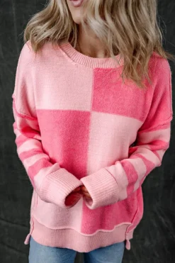 Clearance Dear-Lover Checkered Colorblock Striped High Low Loose Sweater Pink