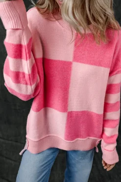 Clearance Dear-Lover Checkered Colorblock Striped High Low Loose Sweater Pink