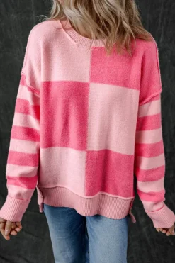 Clearance Dear-Lover Checkered Colorblock Striped High Low Loose Sweater Pink