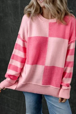 Clearance Dear-Lover Checkered Colorblock Striped High Low Loose Sweater Pink