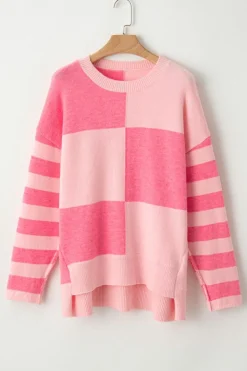 Clearance Dear-Lover Checkered Colorblock Striped High Low Loose Sweater Pink