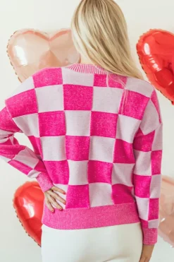 Online Dear-Lover Checkered Drop Shoulder Buttoned V Neck Cardigan Pink