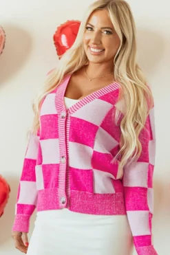 Online Dear-Lover Checkered Drop Shoulder Buttoned V Neck Cardigan Pink