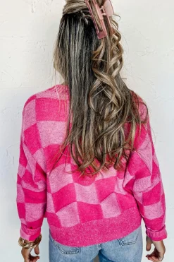 Online Dear-Lover Checkered Drop Shoulder Buttoned V Neck Cardigan Pink