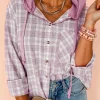 Clearance Dear-Lover Checkered Print Loose Fit Buttoned Hooded Shacket Pink