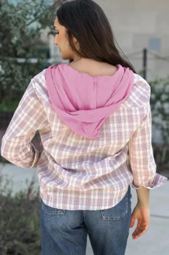Clearance Dear-Lover Checkered Print Loose Fit Buttoned Hooded Shacket Pink