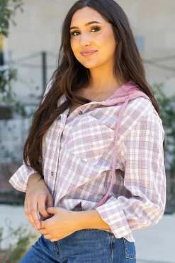 Clearance Dear-Lover Checkered Print Loose Fit Buttoned Hooded Shacket Pink