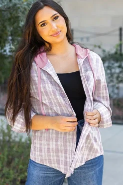 Clearance Dear-Lover Checkered Print Loose Fit Buttoned Hooded Shacket Pink