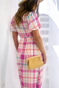 Discount Dear-Lover Checkered Puff Sleeve Belted Midi Dress Pink