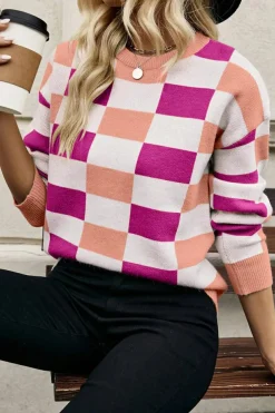 Online Dear-Lover Checkered Ribbed Edge O Neck Drop Shoulder Sweater Pink