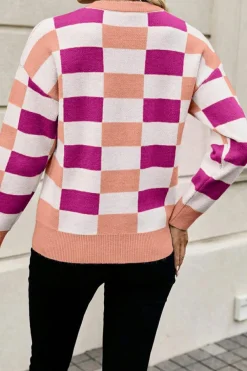 Online Dear-Lover Checkered Ribbed Edge O Neck Drop Shoulder Sweater Pink