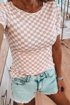 Fashion Dear-Lover Checkered Ribbed Slim Fit Crew Neck T Shirt Pink
