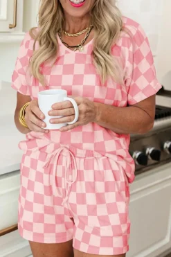 Fashion Dear-Lover Checkered V Neck Tee Drawstring Shorts Lounge Set Pink