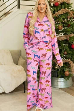 Outlet Dear-Lover Cheetah Print Shirt and Pants Pajama Set Pink