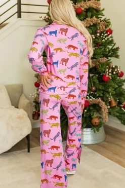 Outlet Dear-Lover Cheetah Print Shirt and Pants Pajama Set Pink