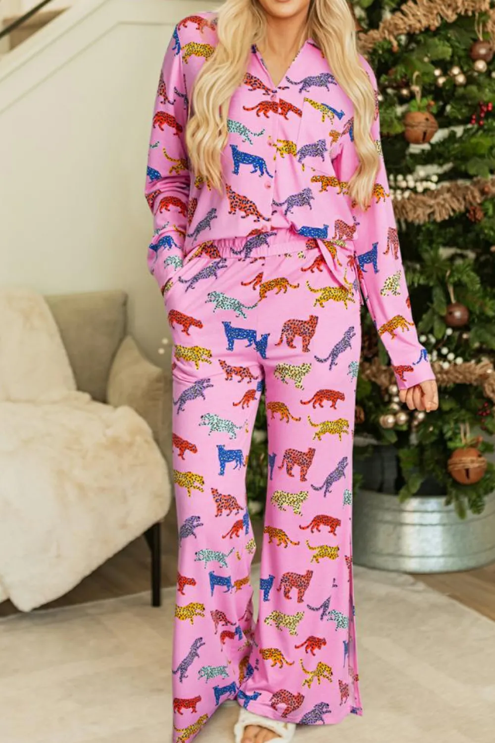 Outlet Dear-Lover Cheetah Print Shirt and Pants Pajama Set Pink