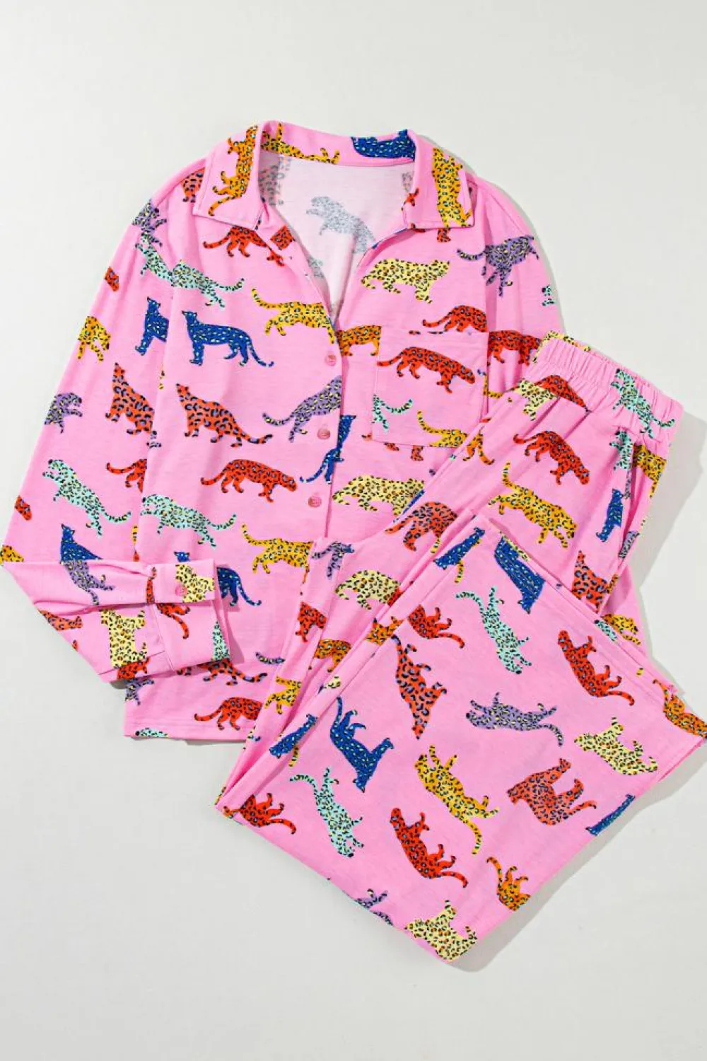 Outlet Dear-Lover Cheetah Print Shirt and Pants Pajama Set Pink