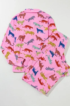 Outlet Dear-Lover Cheetah Print Shirt and Pants Pajama Set Pink