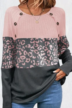 Sale Dear-Lover Cheetah Textured Patchwork Buttoned Round Neck T Shirt Pink