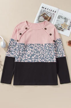 Sale Dear-Lover Cheetah Textured Patchwork Buttoned Round Neck T Shirt Pink