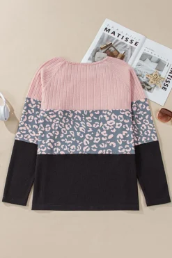Sale Dear-Lover Cheetah Textured Patchwork Buttoned Round Neck T Shirt Pink