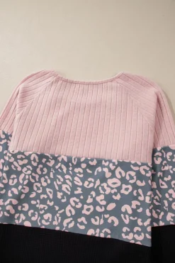 Sale Dear-Lover Cheetah Textured Patchwork Buttoned Round Neck T Shirt Pink