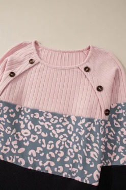 Sale Dear-Lover Cheetah Textured Patchwork Buttoned Round Neck T Shirt Pink