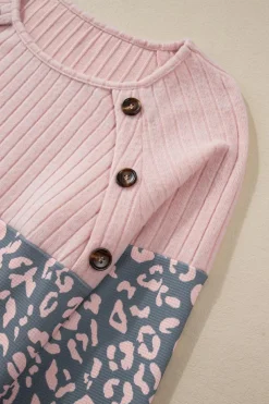 Sale Dear-Lover Cheetah Textured Patchwork Buttoned Round Neck T Shirt Pink