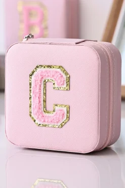 Fashion Dear-Lover Chenille C Letter Graphic Travel Jewelry Case Pink