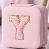 Fashion Dear-Lover Chenille Initial Patch Square Jewelry Case Pink