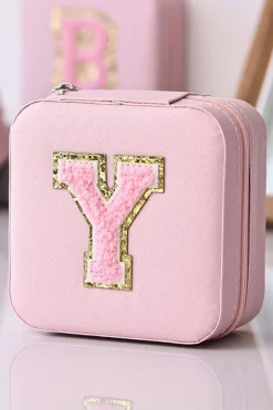 Fashion Dear-Lover Chenille Initial Patch Square Jewelry Case Pink