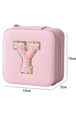 Fashion Dear-Lover Chenille Initial Patch Square Jewelry Case Pink