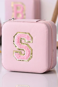 Clearance Dear-Lover Chenille Letter Square Jewelry Case with Mirror Pink