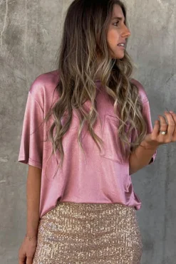 Clearance Dear-Lover Chest Pocket Loose Fit T Shirt Pink