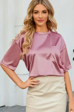 Clearance Dear-Lover Chest Pocket Loose Fit T Shirt Pink