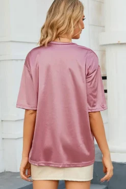 Clearance Dear-Lover Chest Pocket Loose Fit T Shirt Pink