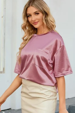 Clearance Dear-Lover Chest Pocket Loose Fit T Shirt Pink