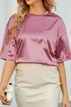 Clearance Dear-Lover Chest Pocket Loose Fit T Shirt Pink