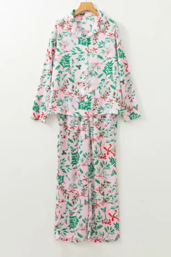 Hot Dear-Lover Christmas Berries Plant Print Satin Long Sleeve Pajama Set Pink